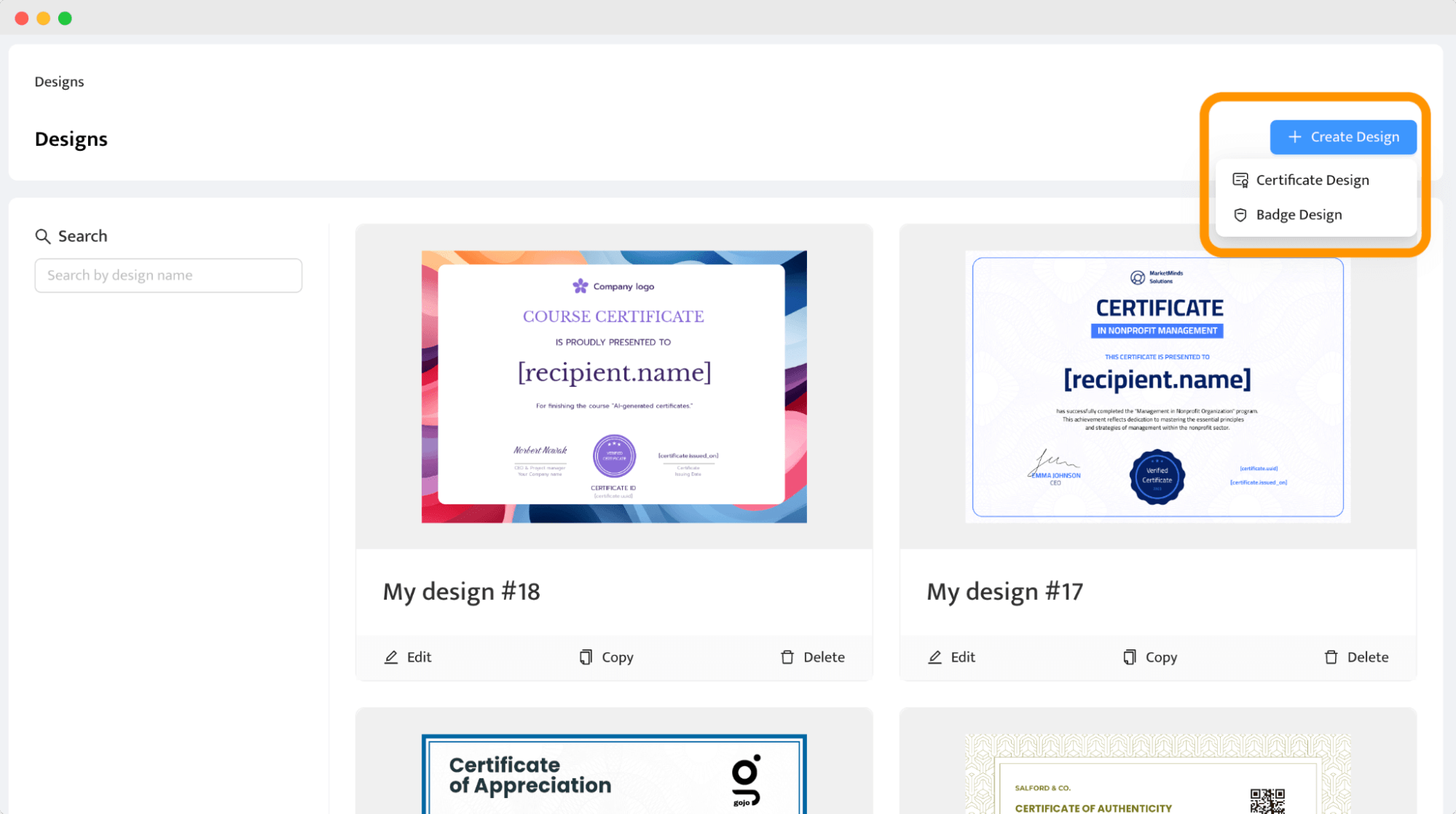 Clicking a Create New Design button within the Certifier editor to create a certificate of completion. Clicking a Create New Design button within the Certifier editor to create a certificate of completion.