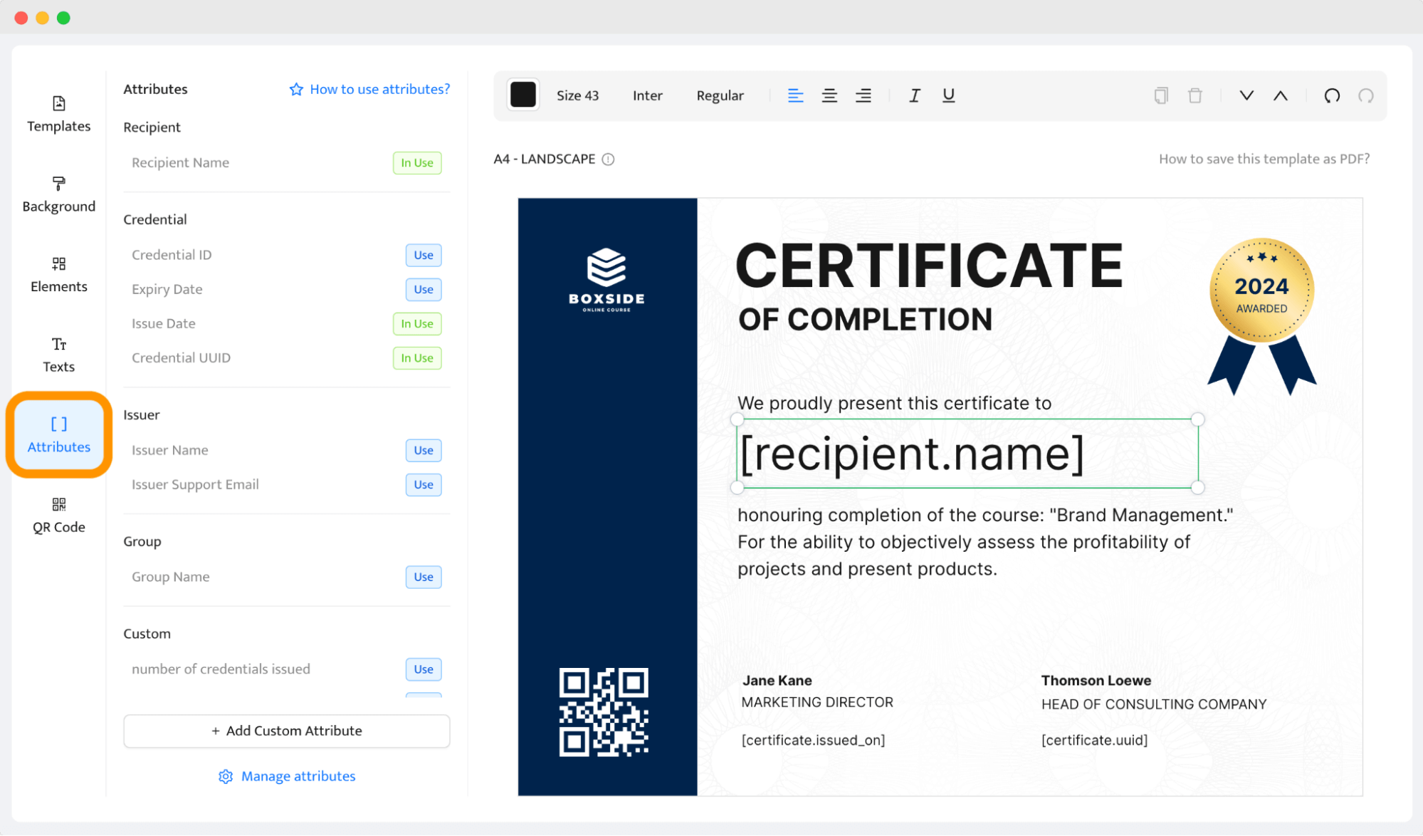 Adding dynamic attributes to the certificate template to make custom certificate of completion. Adding dynamic attributes to the certificate template to make custom certificate of completion.