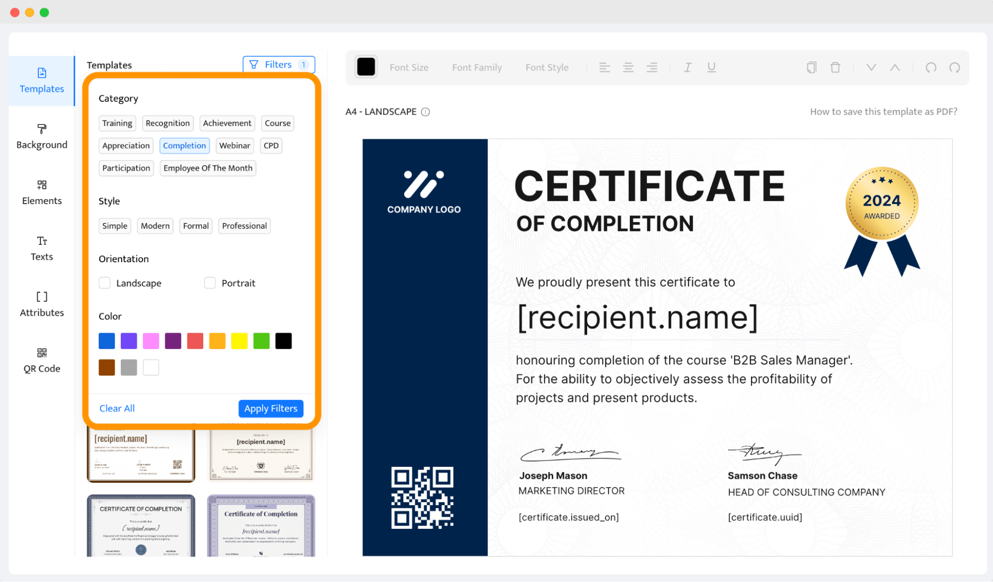 Filtering available Certifier completion certificate templates to create your own certificate of completion. Filtering available Certifier completion certificate templates to create your own certificate of completion.