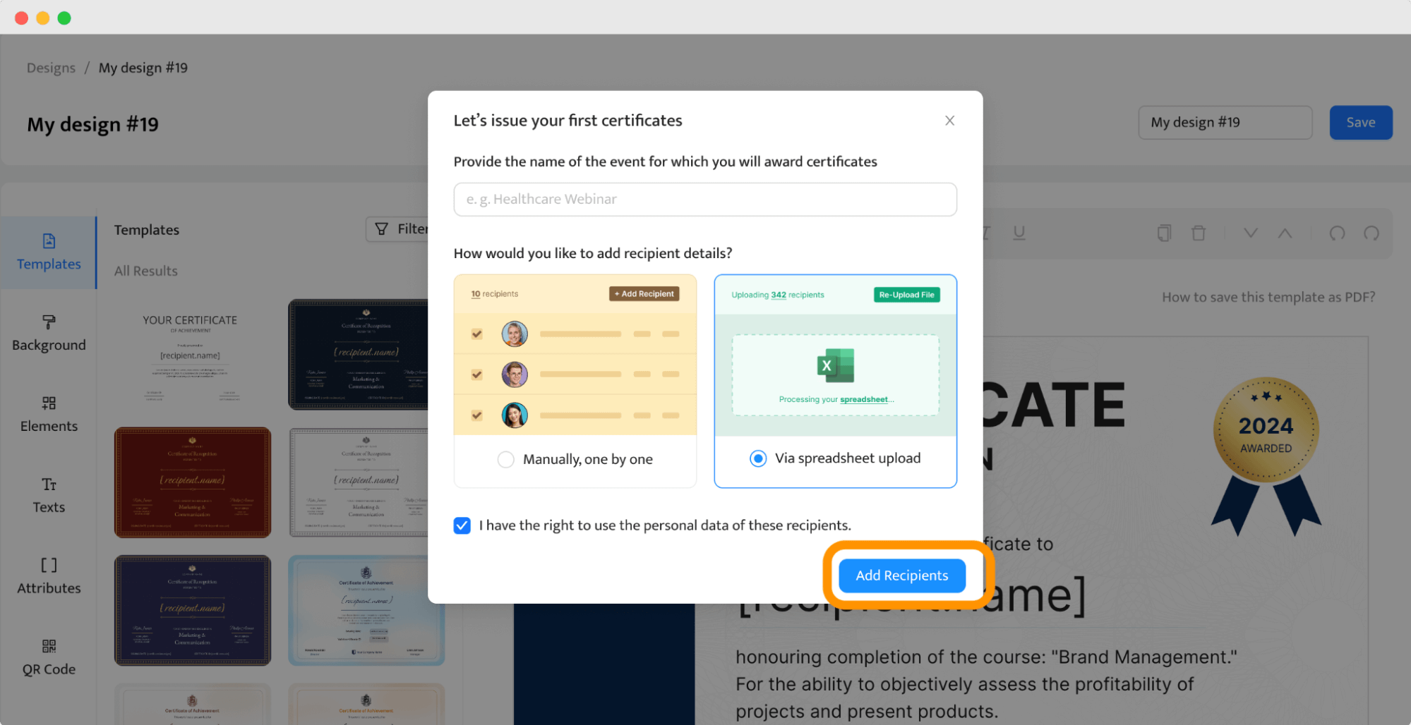 Uploading recipients data to make a certificate of completion automatically. Uploading recipients data to make a certificate of completion automatically.