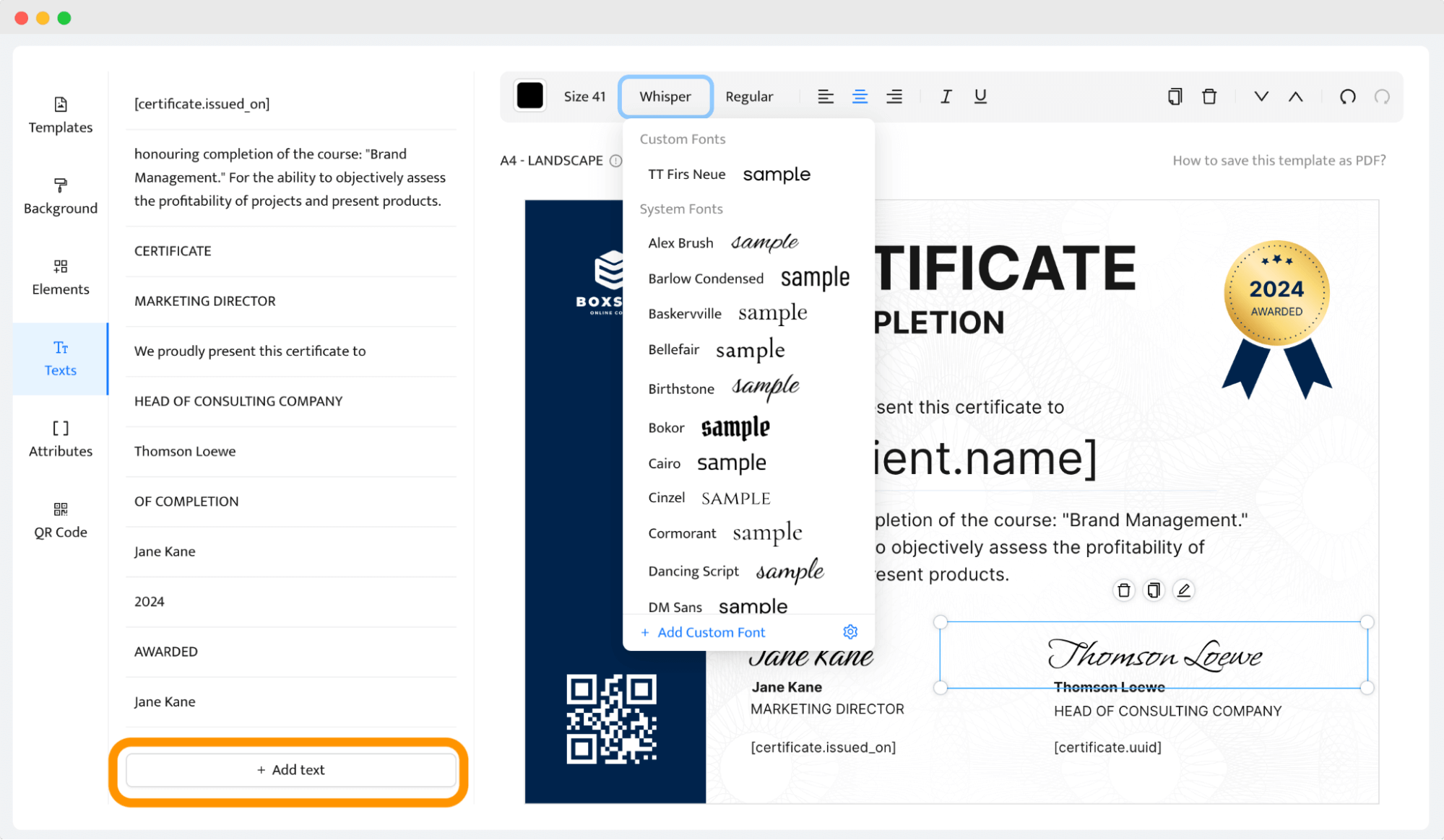 Changing certificate of completion font within the Certifier dashboard. Changing certificate of completion font within the Certifier dashboard.