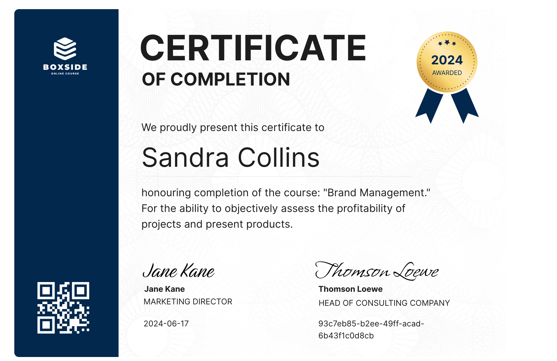 The example of the completion certificate format. The example of the completion certificate format.