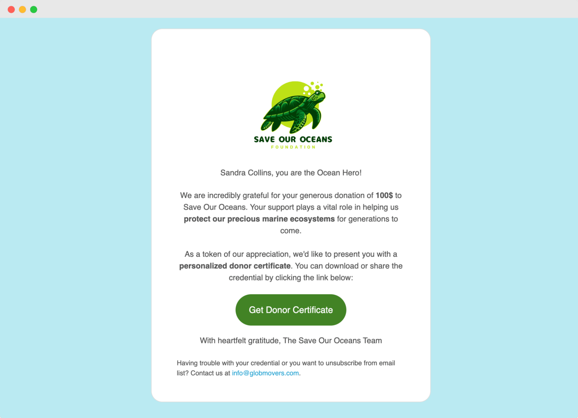 Personalized email template with donor certificate to thank donors with personalized communication. Personalized email template with donor certificate to thank donors with personalized communication.