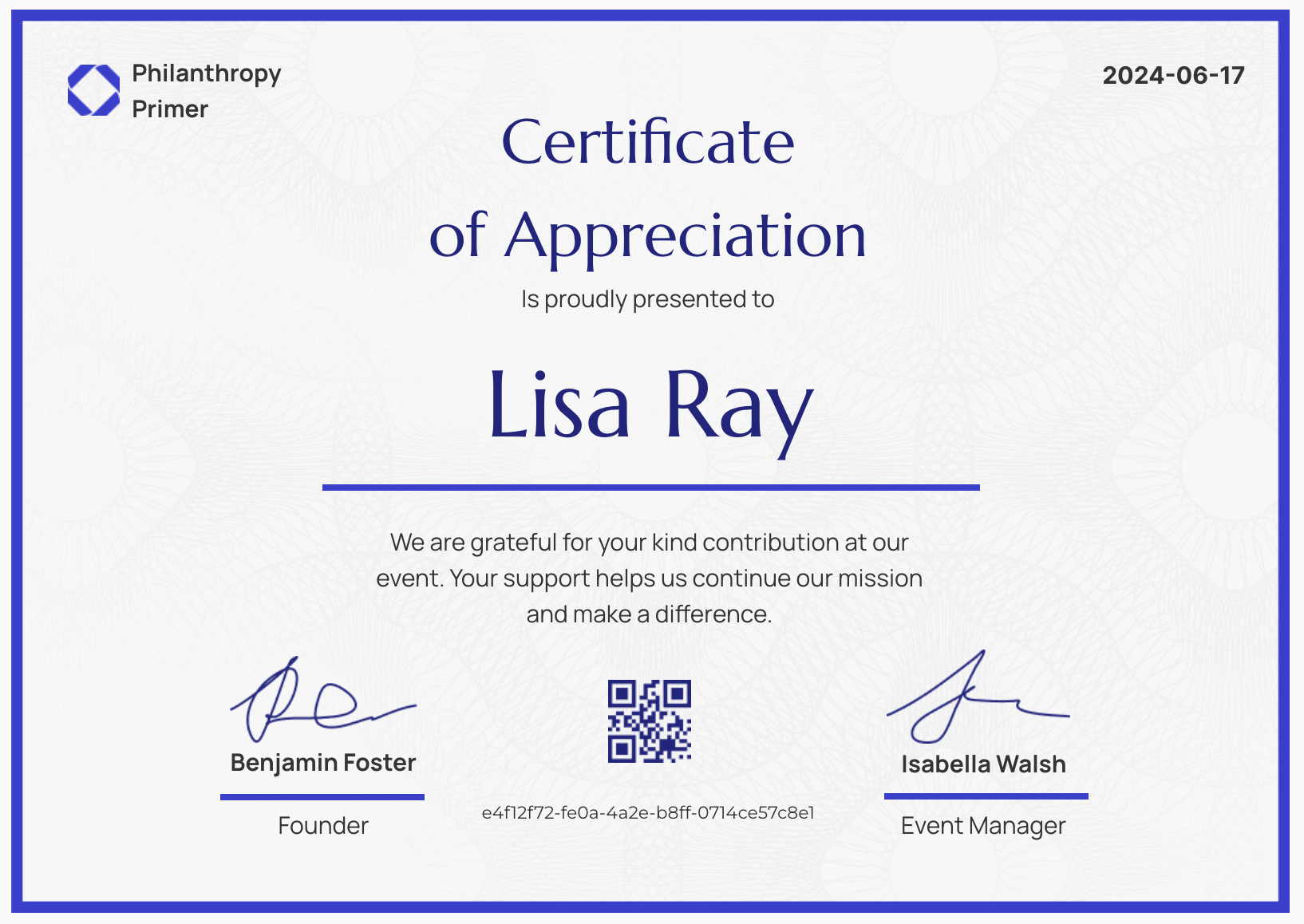 Simple and minimalistic certificate of appreciation for donors example with a QR code. Simple and minimalistic certificate of appreciation for donors example with a QR code.