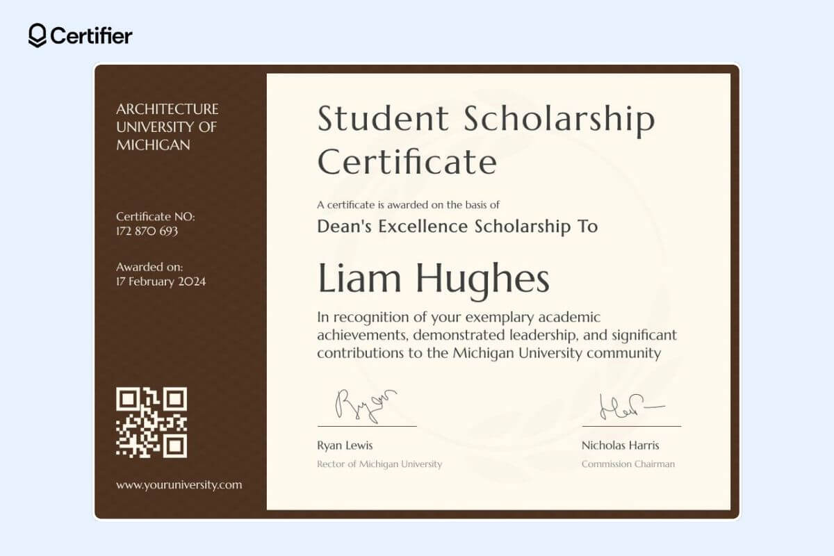 Brown certificate of scholarship template with dedicated space on the left for certificate number, date of issue, and a QR code. Brown certificate of scholarship template with dedicated space on the left for certificate number, date of issue, and a QR code.