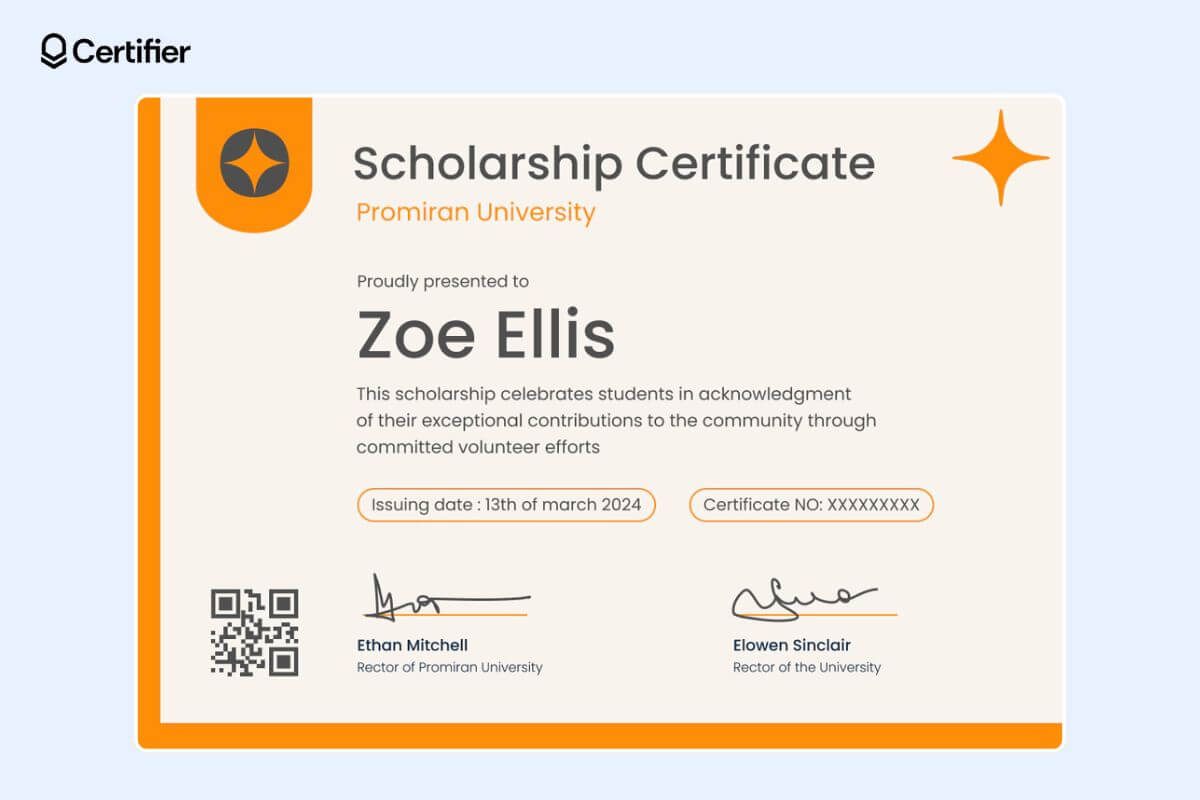 Orange scholarship award certificate template with tags for issuing date and certificate number. Orange scholarship award certificate template with tags for issuing date and certificate number.