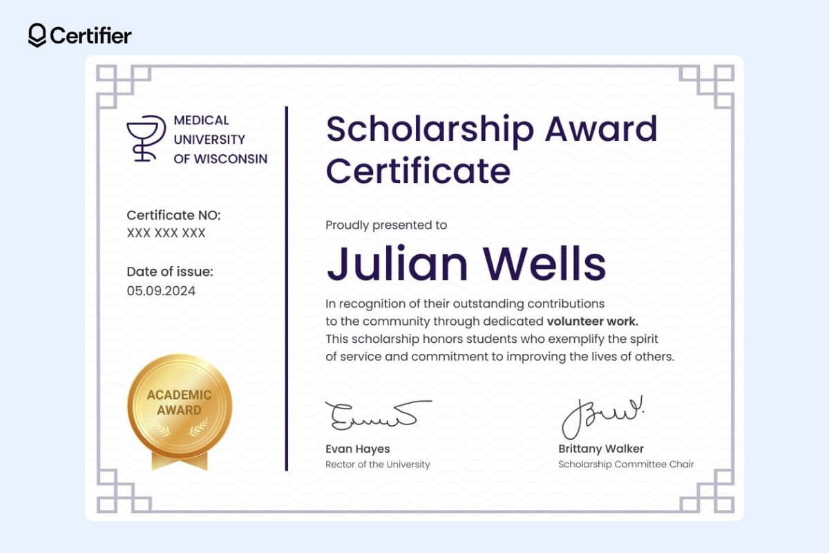 One of the elegant scholarship certificate examples with two separate sections for certificate number, date of issue and golden badge, and the second for the student’s name and scholarship description. One of the elegant scholarship certificate examples with two separate sections for certificate number, date of issue and golden badge, and the second for the student’s name and scholarship description.