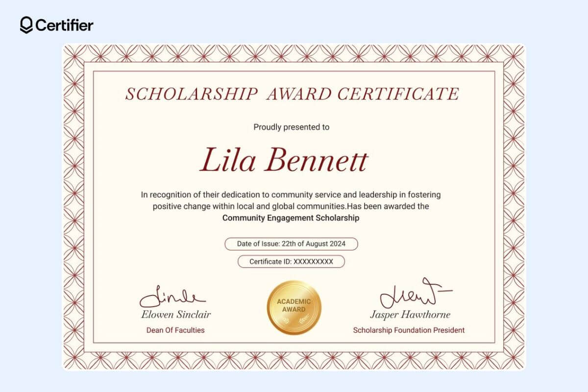 One of the scholarship certificate examples with a neat layout and decorative borders. One of the scholarship certificate examples with a neat layout and decorative borders.