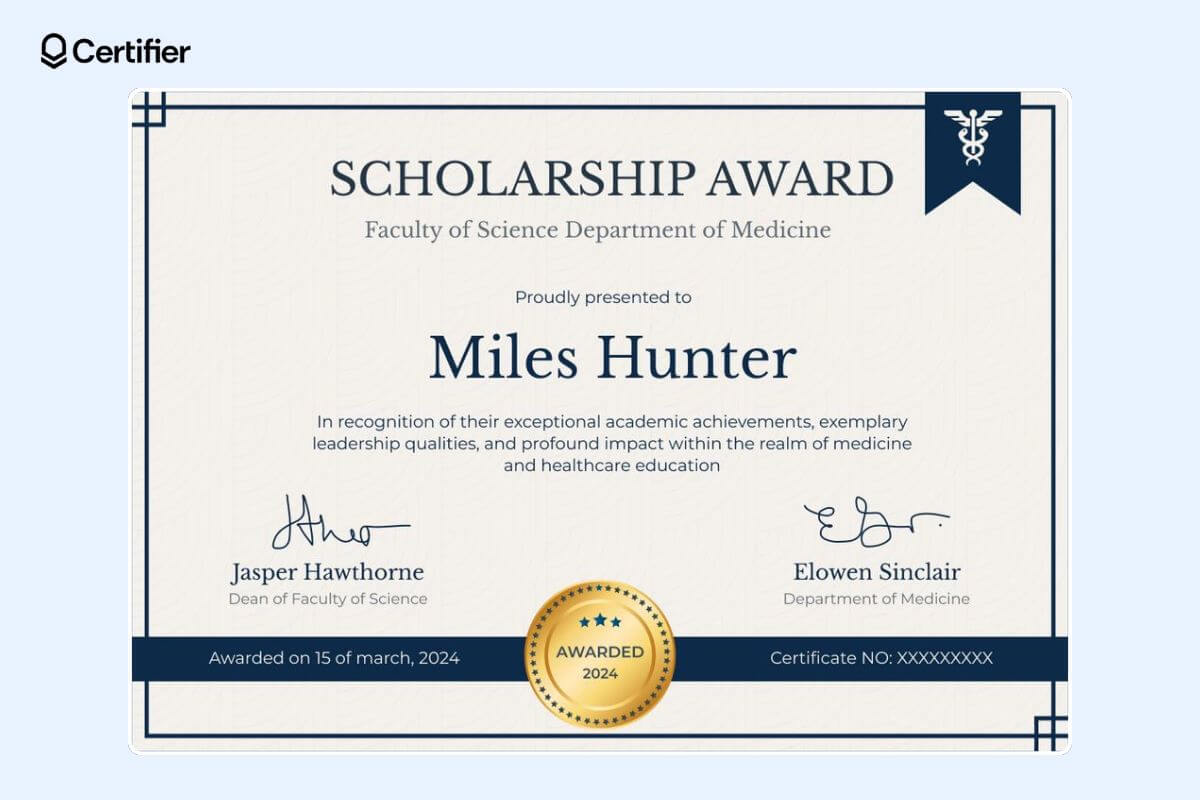 Scholarship certificate template: Word-compatible, blue, elegant with a golden badge at the center and the ribbon with the date and certificate number. Scholarship certificate template: Word-compatible, blue, elegant with a golden badge at the center and the ribbon with the date and certificate number.