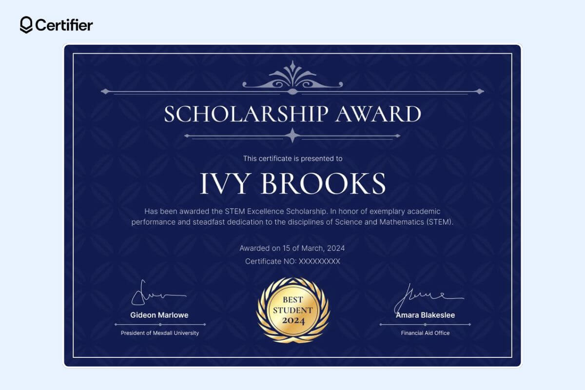 One of the elegant scholarship certificate examples with a golden badge at the center and ornamental elements at the top. One of the elegant scholarship certificate examples with a golden badge at the center and ornamental elements at the top.