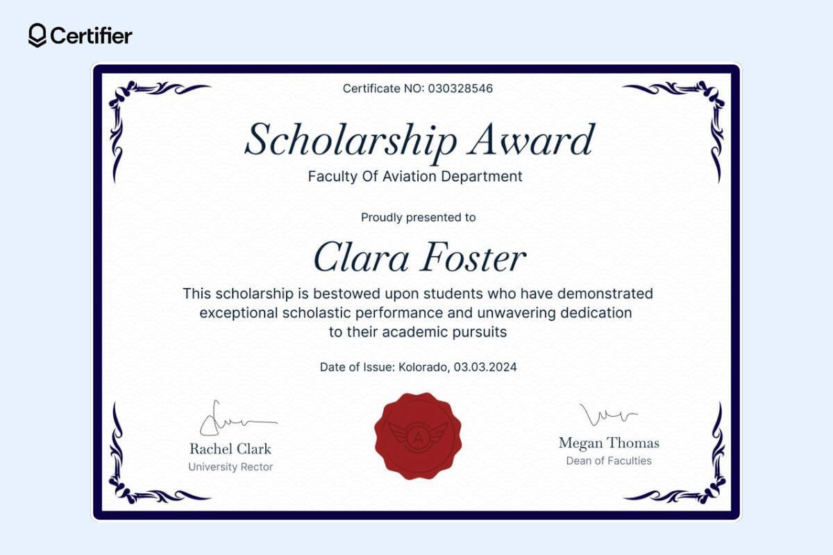 Beautiful scholarship award certificate template with a red badge at bottom center and lots of space for certificate details. Beautiful scholarship award certificate template with a red badge at bottom center and lots of space for certificate details.