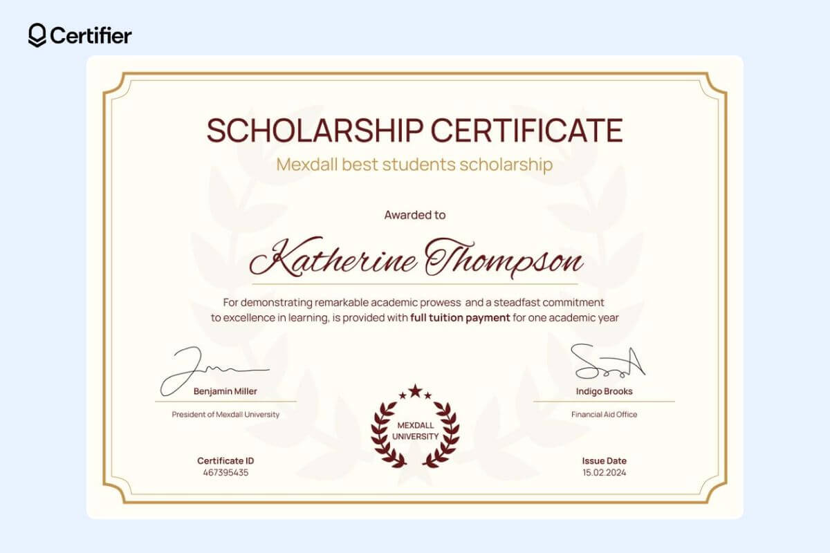 One of the stylish scholarship certificate examples with a decorative badge the the bottom and space for scholarship description. One of the stylish scholarship certificate examples with a decorative badge the the bottom and space for scholarship description.