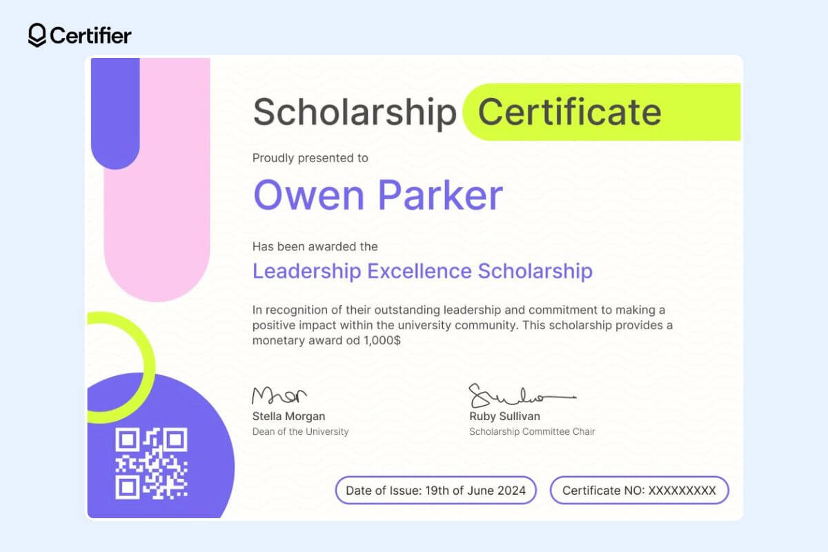 Colorful scholarship award certificate template with a highlighted tags with date of issue and certificate number. Colorful scholarship award certificate template with a highlighted tags with date of issue and certificate number.