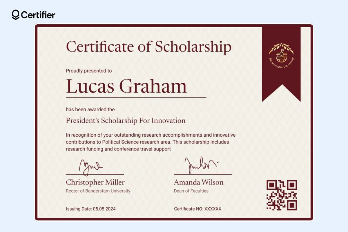 Stunning customizable scholarship certificate template with dark red ribbon at the right and a QR code. Stunning customizable scholarship certificate template with dark red ribbon at the right and a QR code.