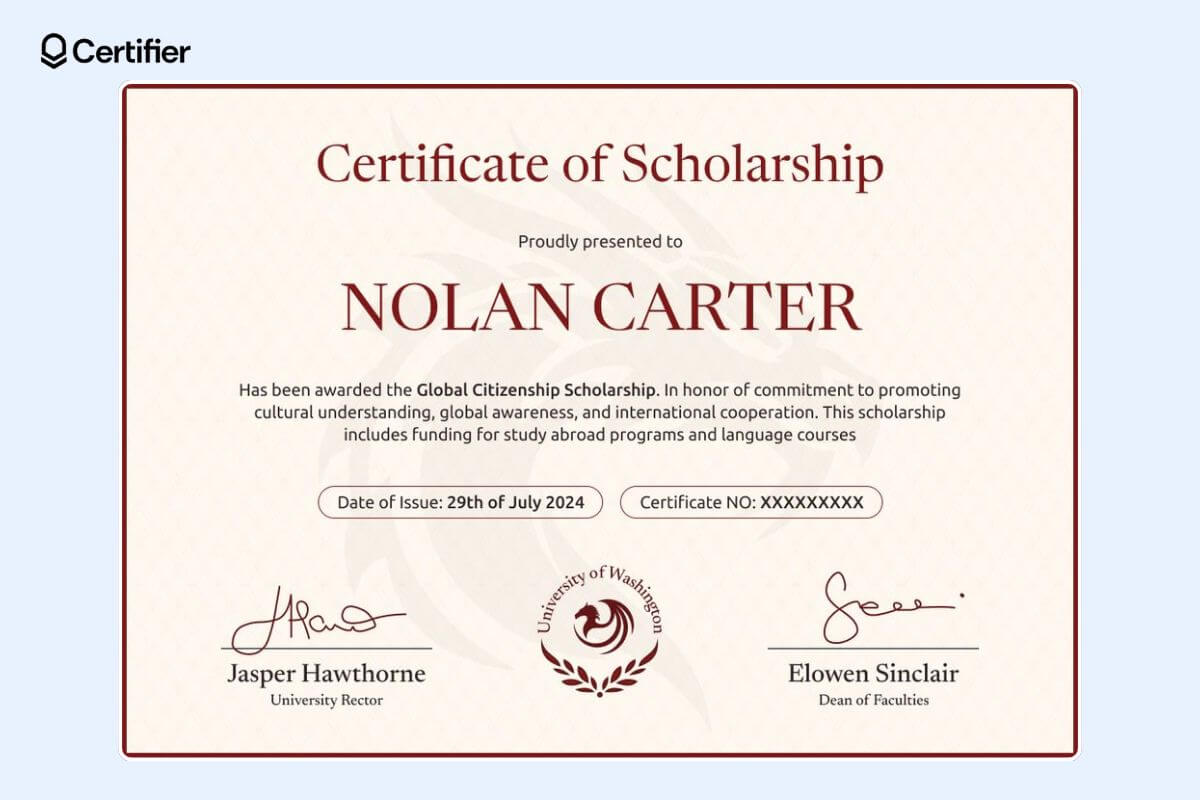 A scholarship certificate template free to use with a decorative background and dedicated space for the date of issue and certificate number. A scholarship certificate template free to use with a decorative background and dedicated space for the date of issue and certificate number.