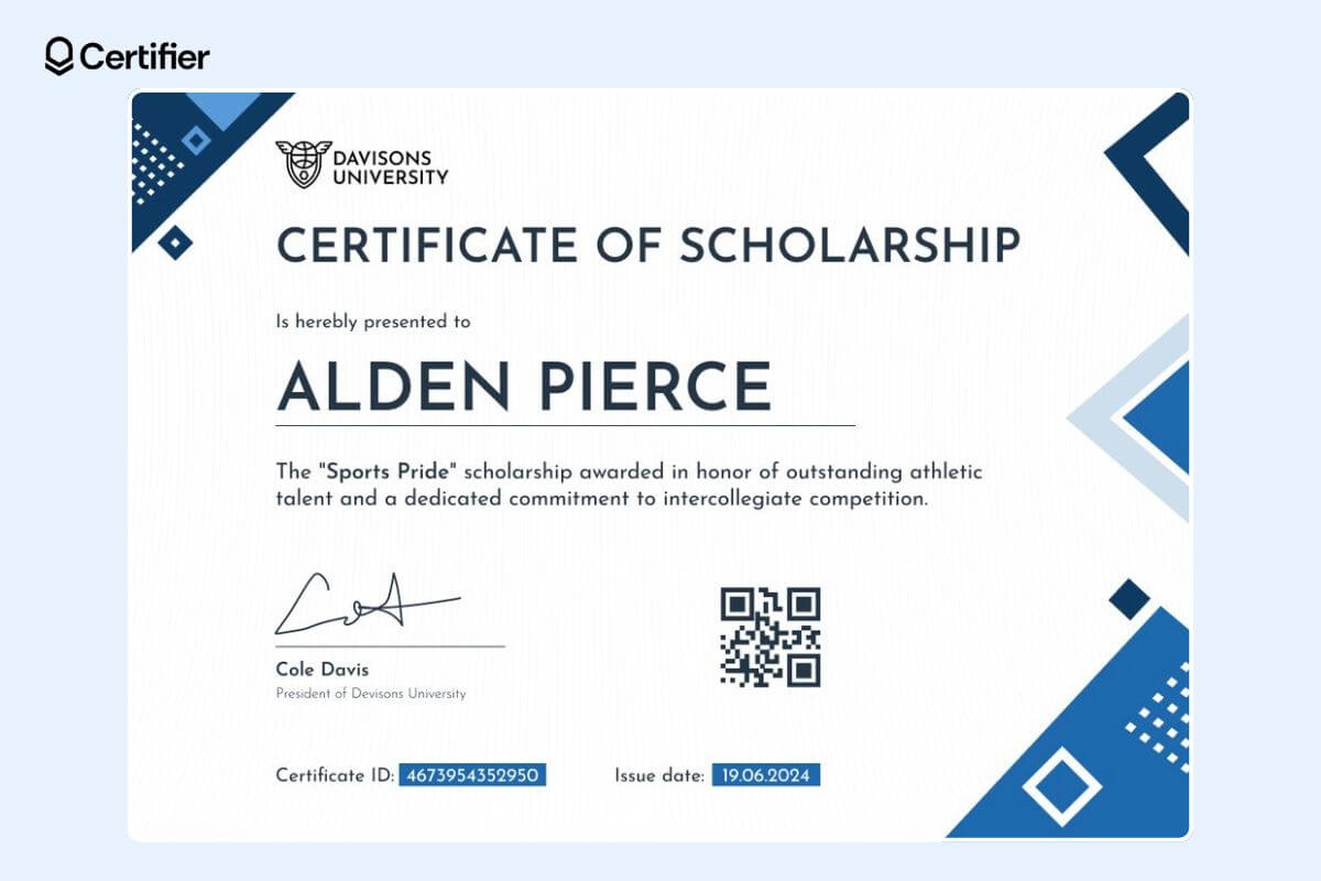 Funky and blue certificate of scholarship template with geometrical elements and a QR code, certificate ID and issue date at the bottom. Funky and blue certificate of scholarship template with geometrical elements and a QR code, certificate ID and issue date at the bottom.