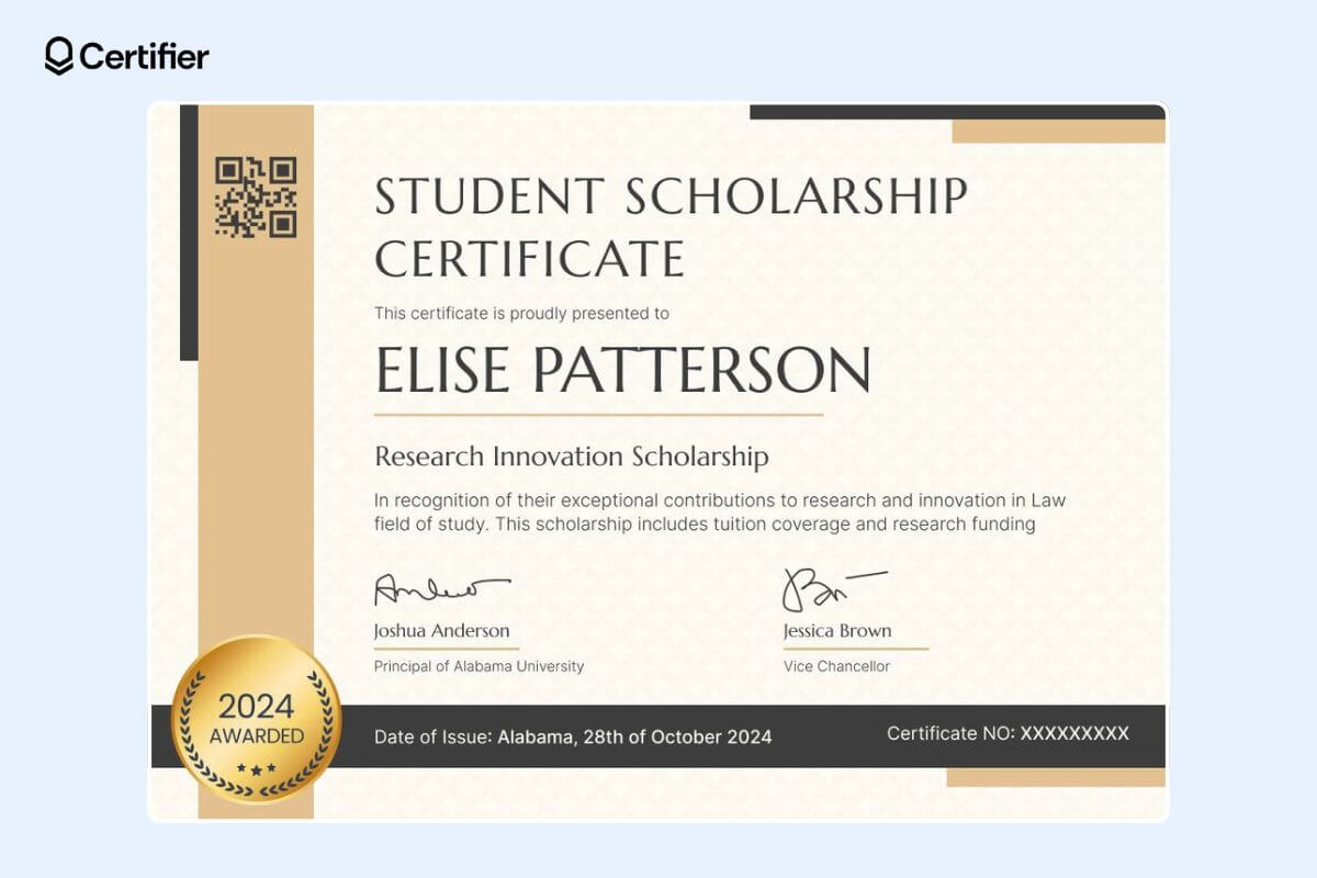 An elegant certificate of scholarship template with ornate elements and a QR code on the left. An elegant certificate of scholarship template with ornate elements and a QR code on the left.