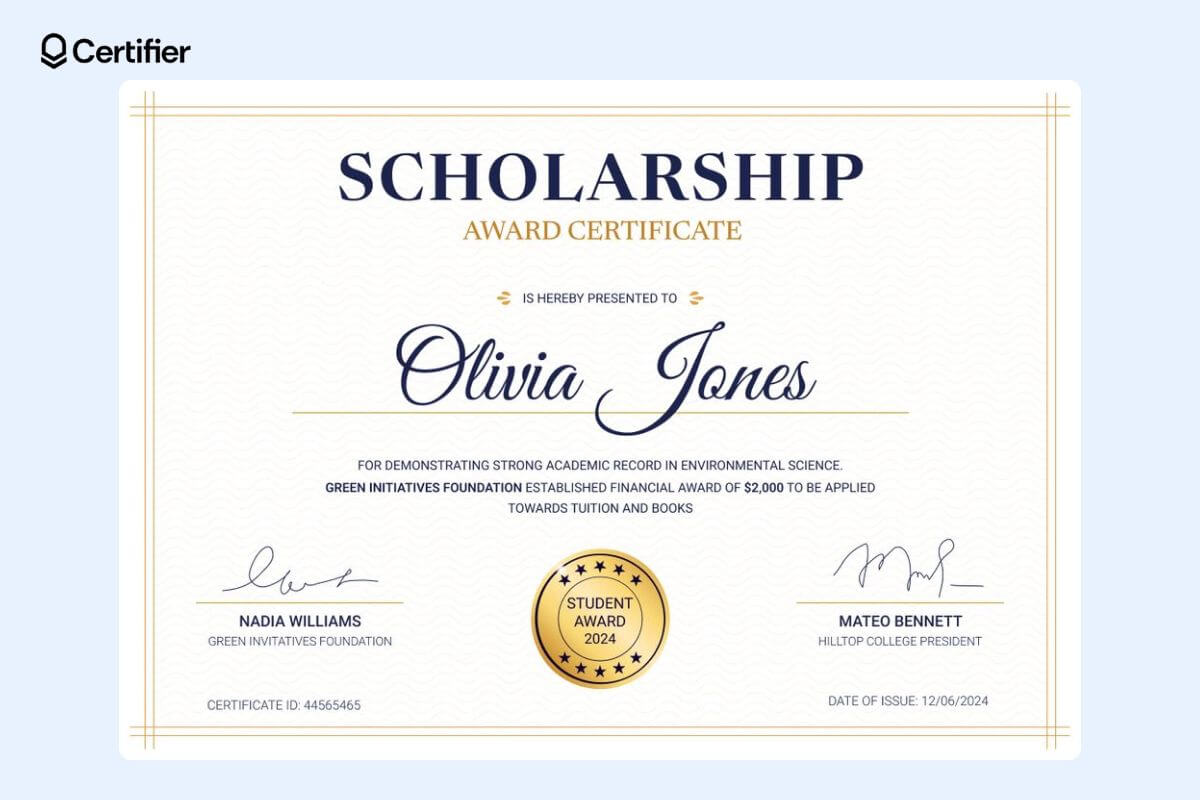 Traditional scholarship certificate template free to download with a golden badge at the bottom and decorative student’s name. Traditional scholarship certificate template free to download with a golden badge at the bottom and decorative student’s name.