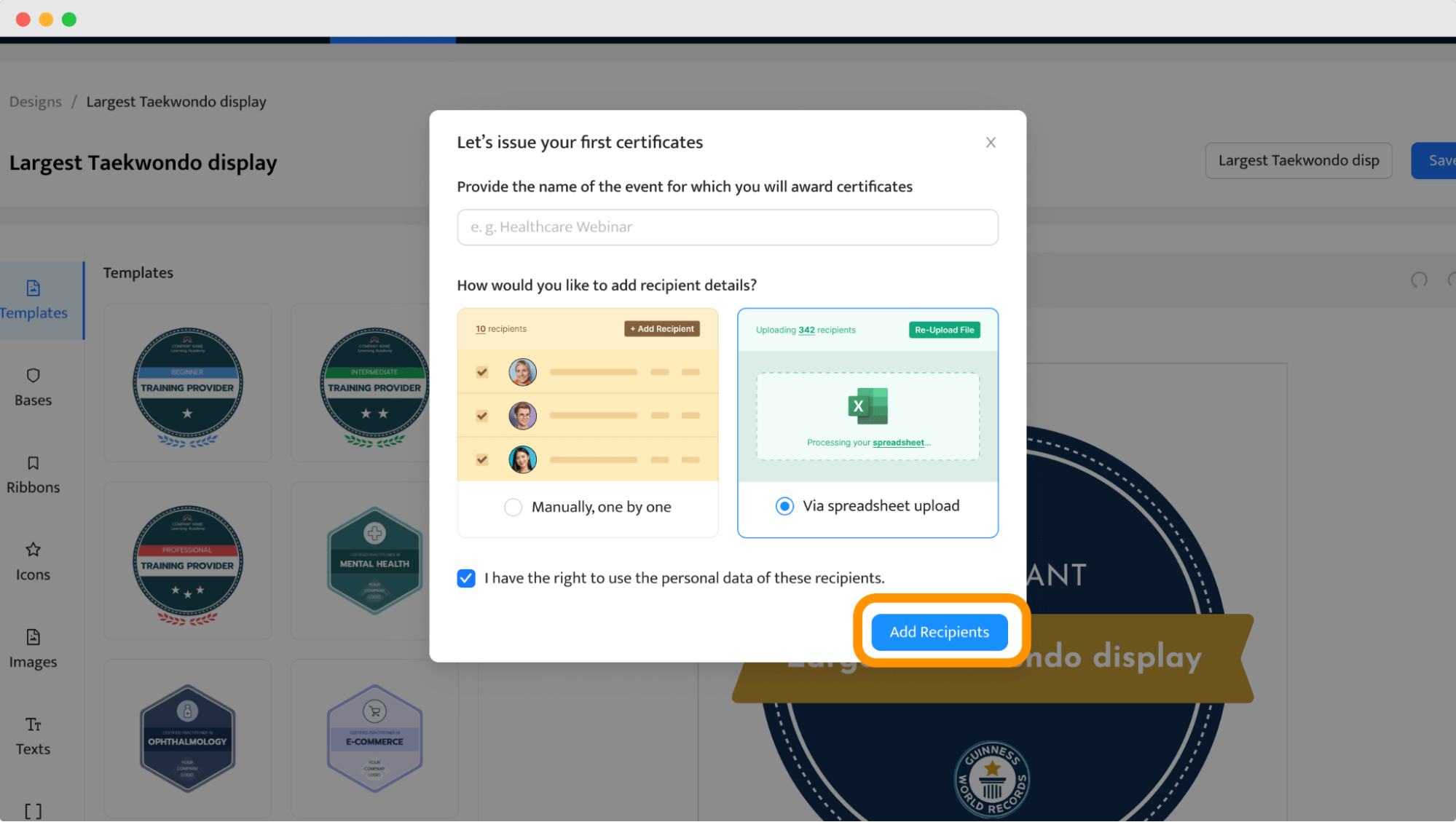 Uploading recipients data to generate digital badges in bulk. Uploading recipients data to generate digital badges in bulk.