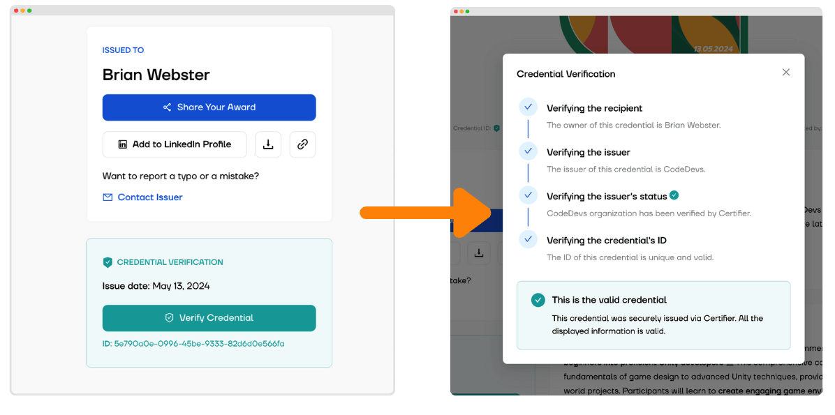 Verifying the digital badge via the Certifier tool. Verifying the digital badge via the Certifier tool.