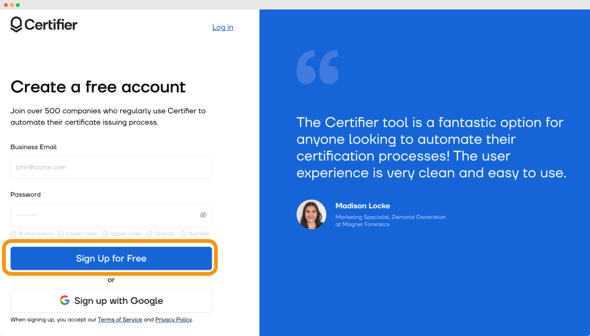 Podgląd panelu rejestracji Certifier. Podgląd panelu rejestracji Certifier.