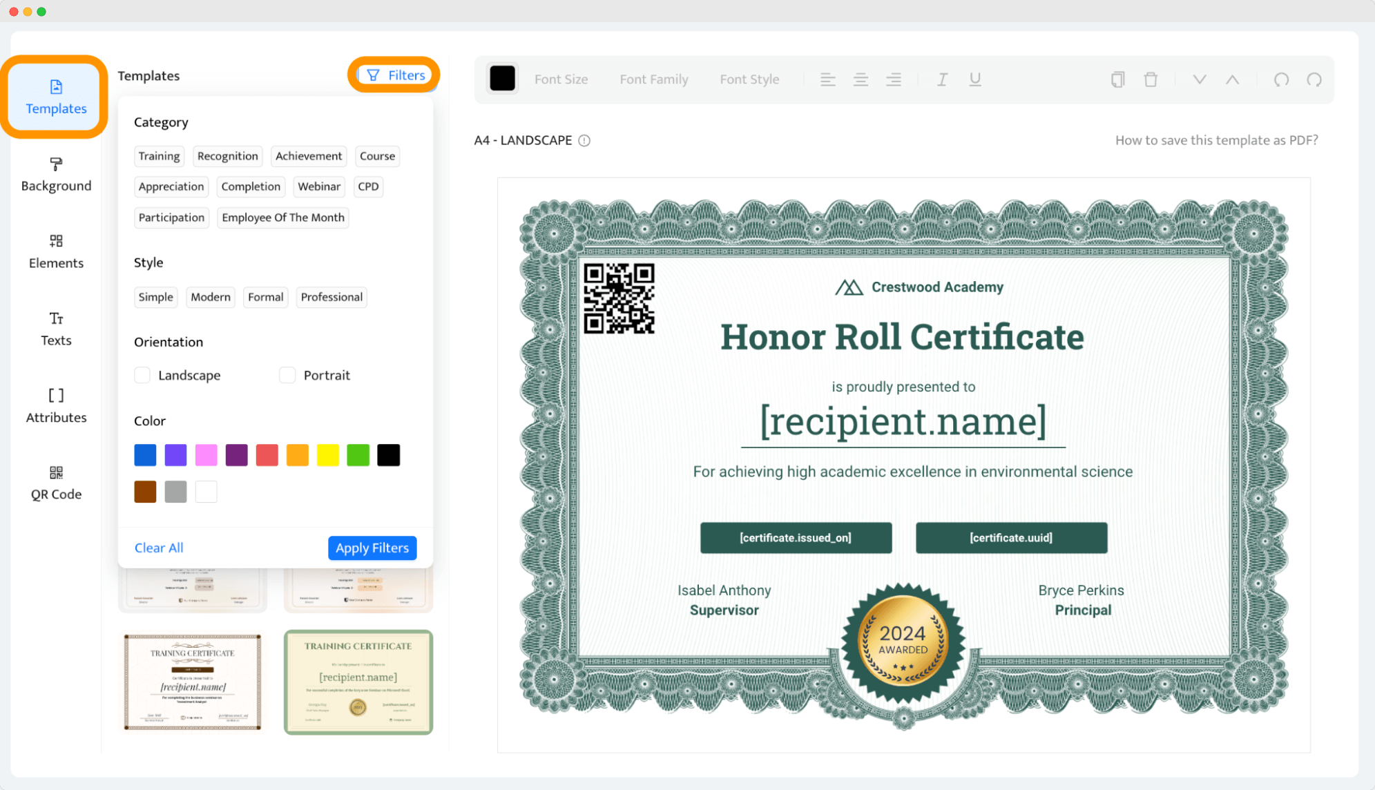 Filtry dla projektów certyfikatów w Certifier. Filtry dla projektów certyfikatów w Certifier.