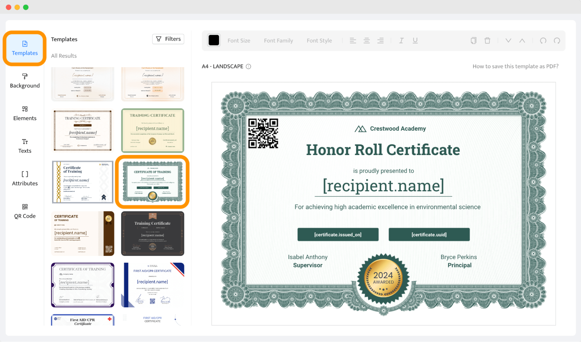 Podgląd szablonów certyfikatów w Certifier. Podgląd szablonów certyfikatów w Certifier.