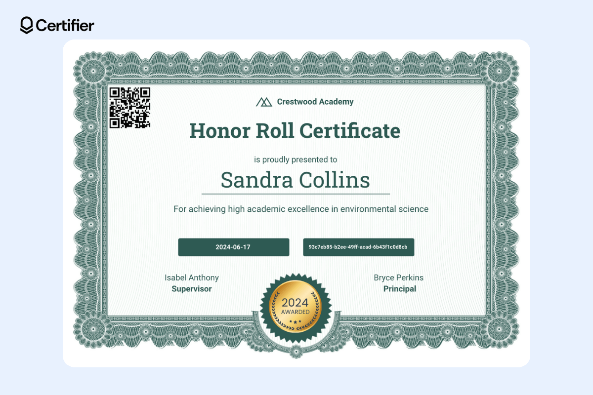 A Certificate of honor for students with green elements, dedicated space for certificate ID, and date of issue. A Certificate of honor for students with green elements, dedicated space for certificate ID, and date of issue.