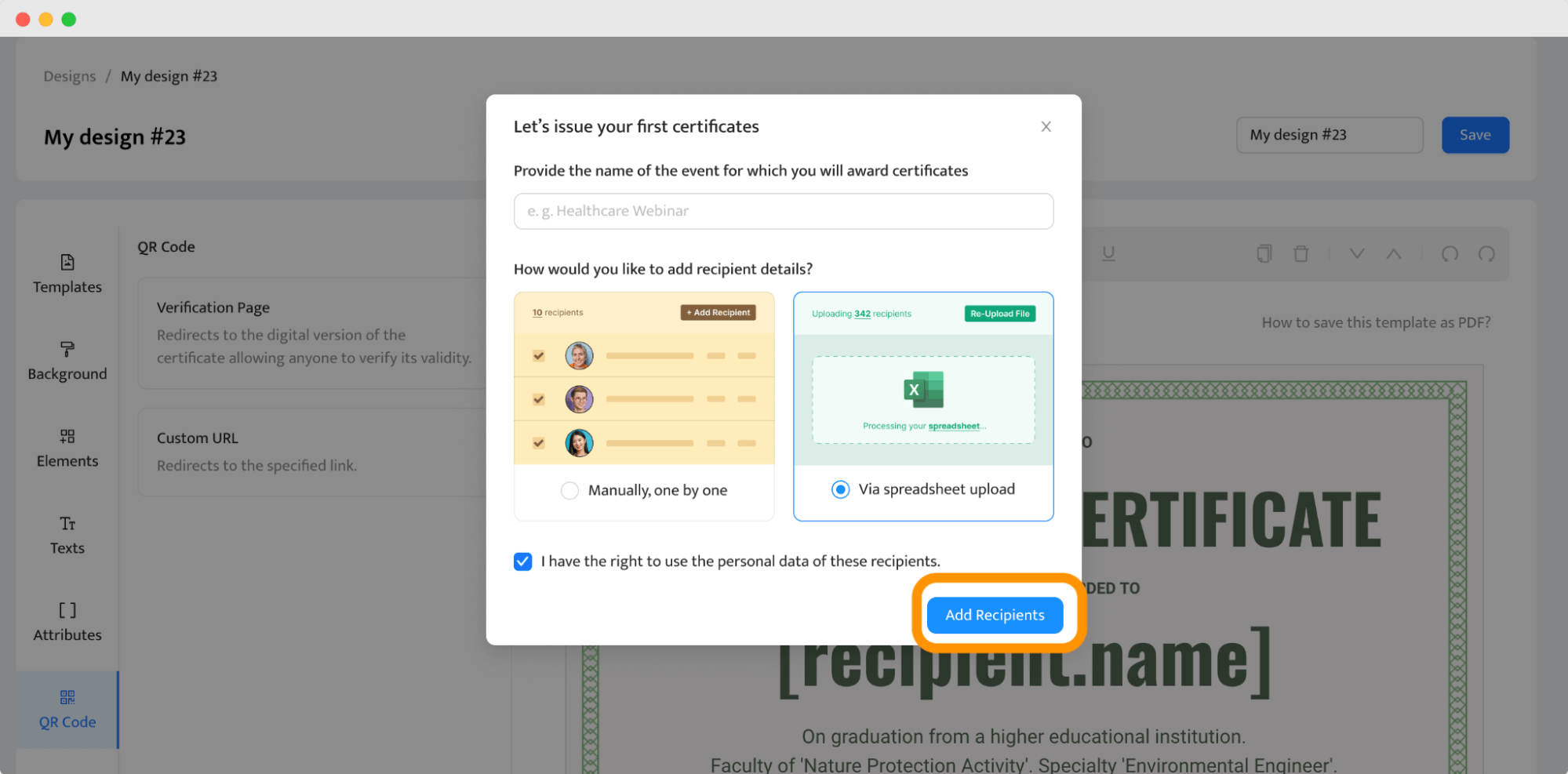 Uploading recipients data to generate membership certificates in bulk. Uploading recipients data to generate membership certificates in bulk.