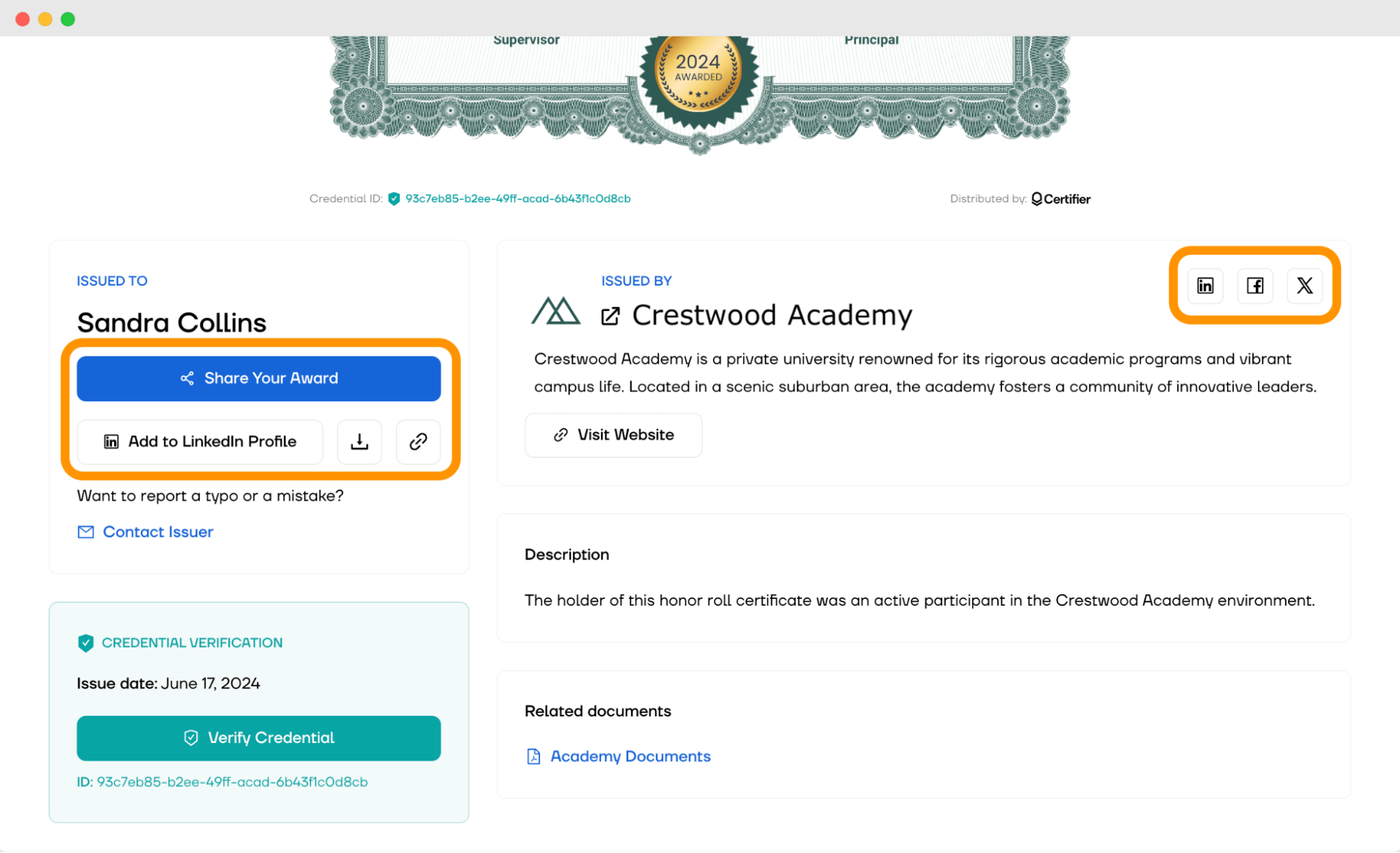 Social media sharing button within the digital wallet with a certificate of membership. Social media sharing button within the digital wallet with a certificate of membership.
