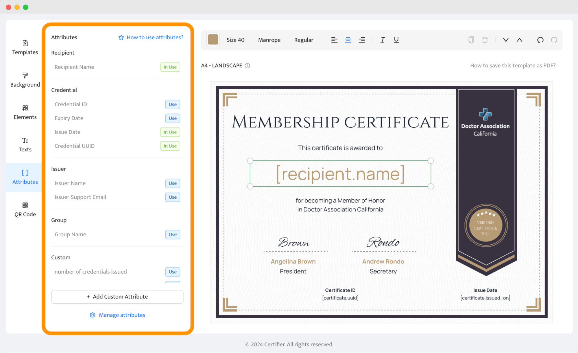 Adding dynamic attributes to the membership certificate design to generate membership certificates in bulk. Adding dynamic attributes to the membership certificate design to generate membership certificates in bulk.