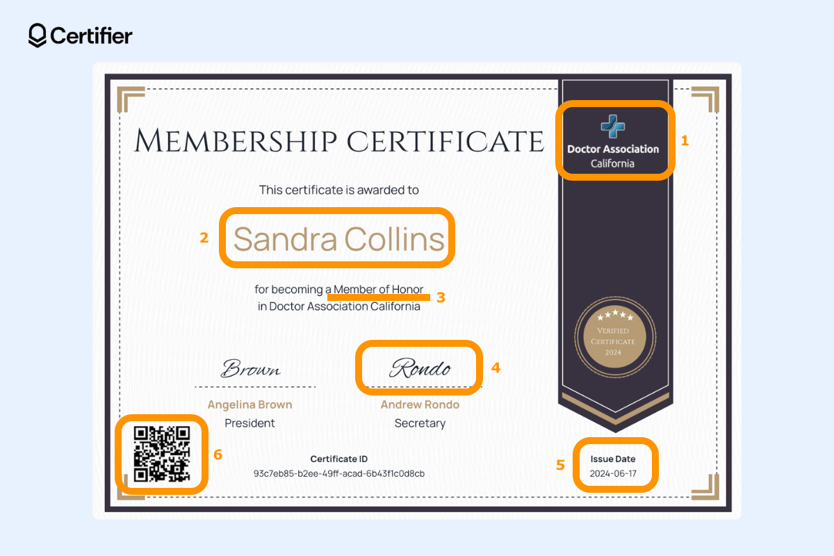 Certificate of membership content elements relevant for associations such as logo, QR code, signatures, recipient’s name, issue date and a member’s title of honor. Certificate of membership content elements relevant for associations such as logo, QR code, signatures, recipient’s name, issue date and a member’s title of honor.