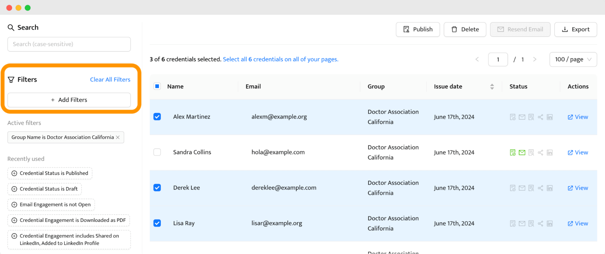 Filters within the Certifier dashboard to manage certificates of membership in an organization. Filters within the Certifier dashboard to manage certificates of membership in an organization.
