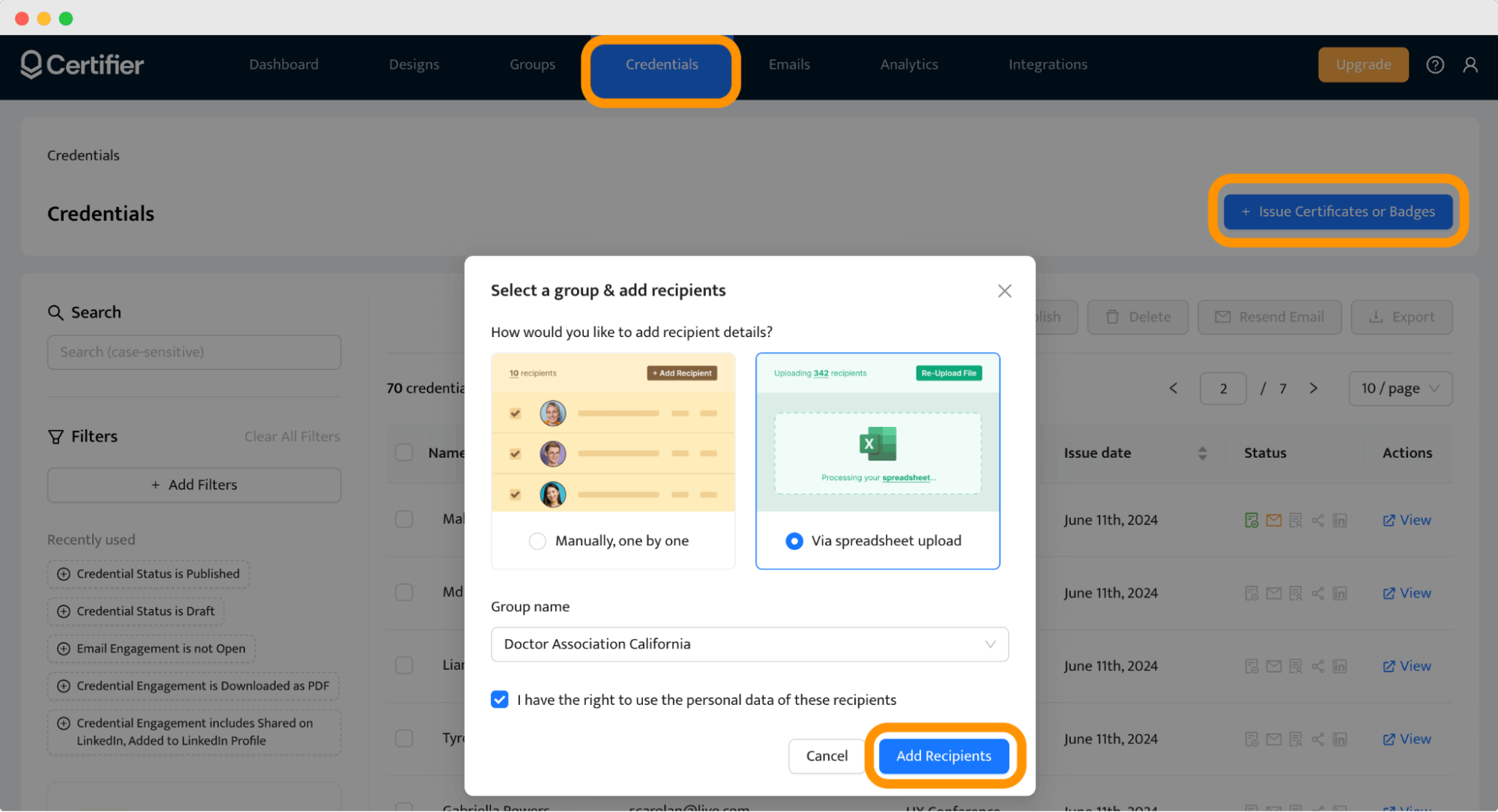 Uploading a members’ data to generate membership certificates. Uploading a members’ data to generate membership certificates.