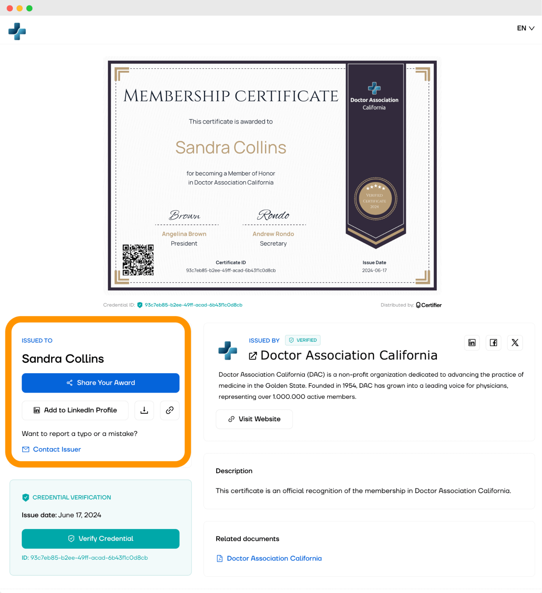 Customizable digital wallet with options to download, share, and interact with the sample of certificate of membership in an association. Customizable digital wallet with options to download, share, and interact with the sample of certificate of membership in an association.