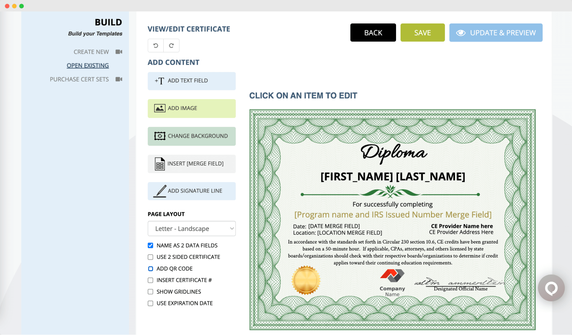SimpleCert high school diploma generator interface showing a certificate template with customization options for adding text, images, and merge fields. SimpleCert high school diploma generator interface showing a certificate template with customization options for adding text, images, and merge fields.