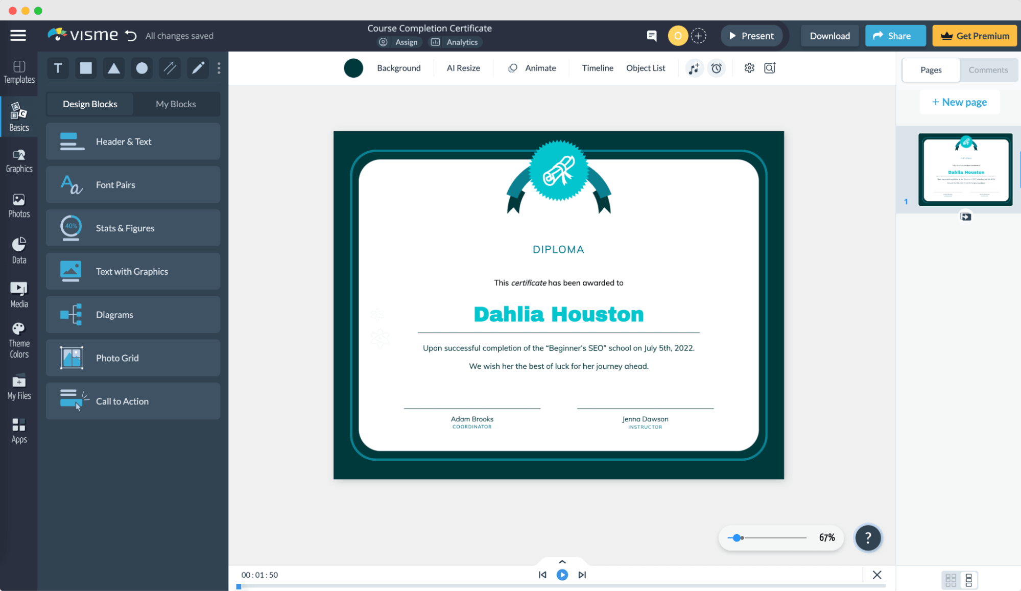 Visme diploma creator showing a diploma certificate with customization options on the left sidebar. Visme diploma creator showing a diploma certificate with customization options on the left sidebar.