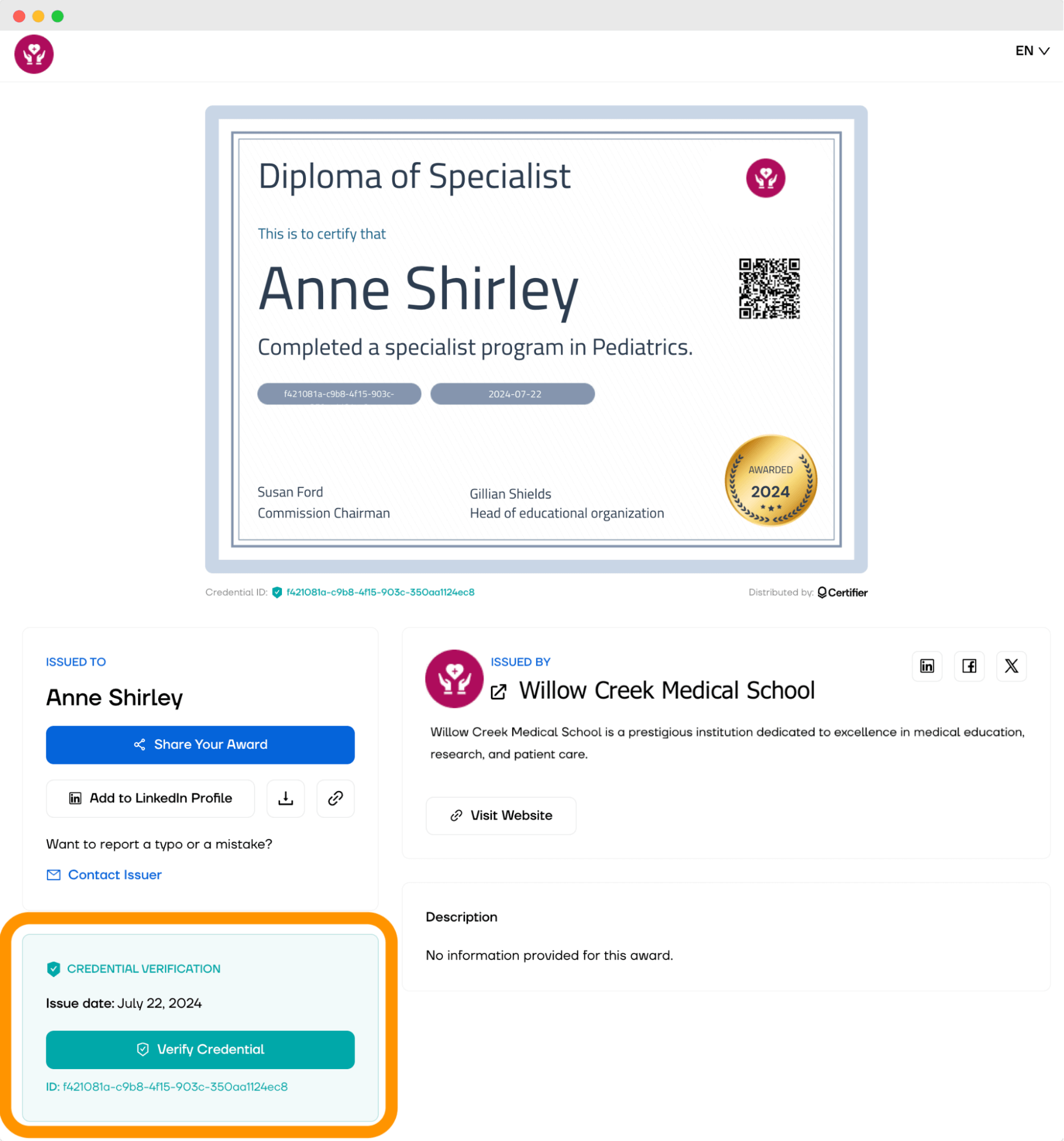 Digital wallet with one-click verification powered by Certifier diploma generator free. Digital wallet with one-click verification powered by Certifier diploma generator free.