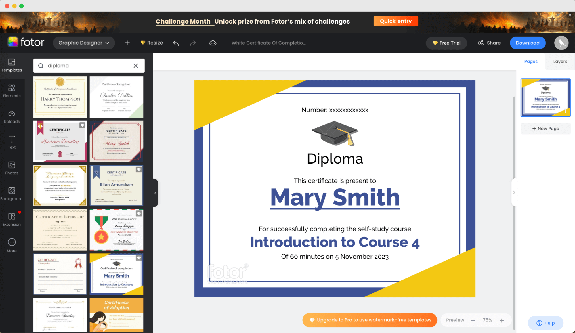 An online diploma maker tool from Fotor with a selected diploma template featuring a blue and yellow design. An online diploma maker tool from Fotor with a selected diploma template featuring a blue and yellow design.