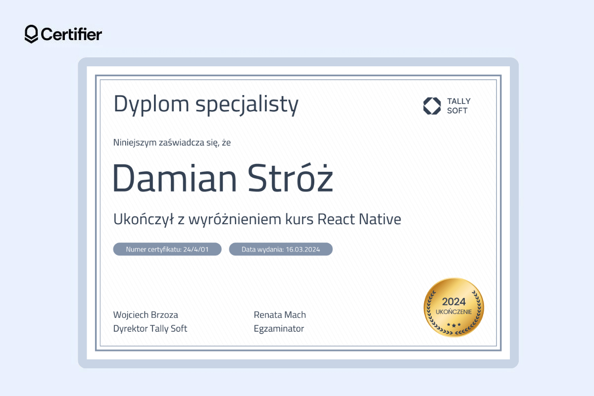Dyplom specjalisty z logo firmy i złotą odznaką. Dyplom specjalisty z logo firmy i złotą odznaką.