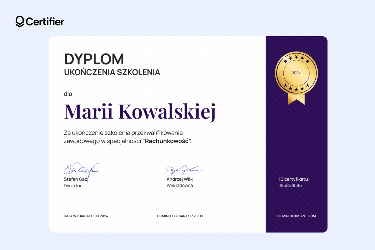 Dyplom ukończenia szkolenia z fioletową oddzieloną sekcją. Dyplom ukończenia szkolenia z fioletową oddzieloną sekcją.
