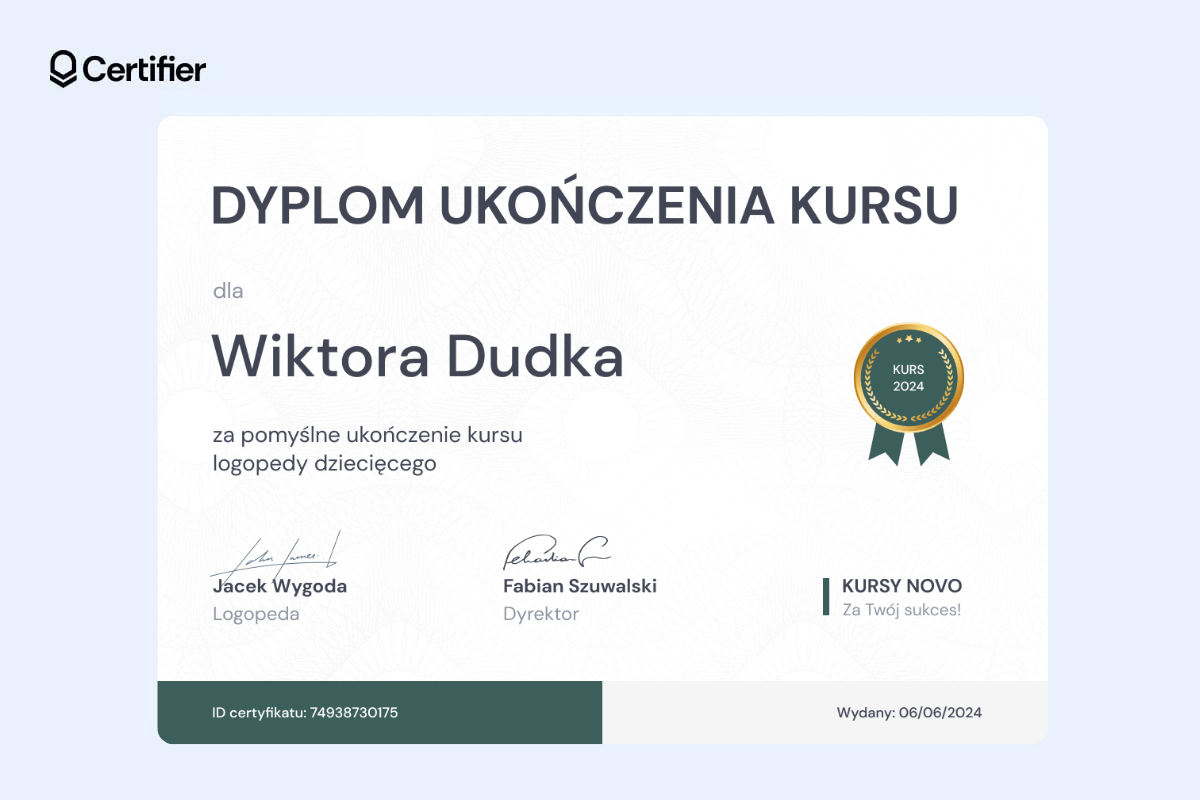 Dyplom ukończenia kursu z numerem dyplomu na dole. Dyplom ukończenia kursu z numerem dyplomu na dole.