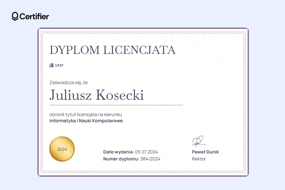 Dyplom licencjata ze złotą odznaką w lewym dolnym rogu. Dyplom licencjata ze złotą odznaką w lewym dolnym rogu.