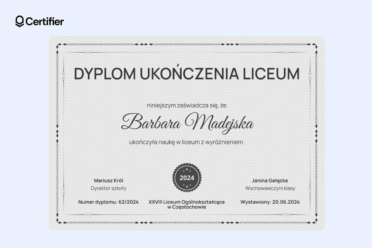 Szary dyplom ukończenia liceum z numerem certyfikatu i wszystkimi niezbędnymi elementami. Szary dyplom ukończenia liceum z numerem certyfikatu i wszystkimi niezbędnymi elementami.