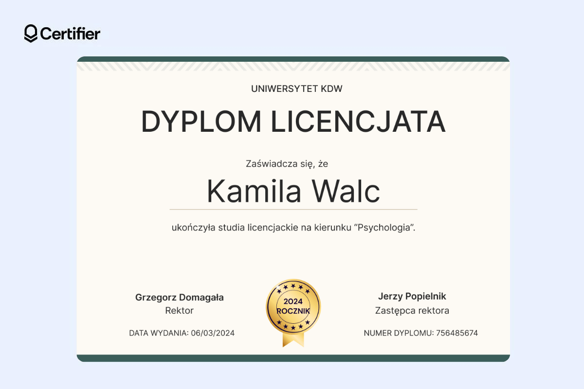 Dyplom licencjata z subtelną ramką i złotą odznaką na środku dyplomu. Dyplom licencjata z subtelną ramką i złotą odznaką na środku dyplomu.