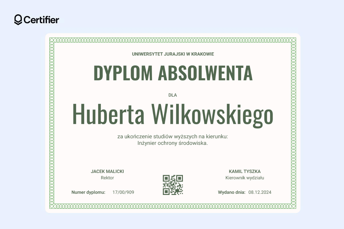 Zielony szablon dyplomu absolwenta z kodem QR. Zielony szablon dyplomu absolwenta z kodem QR.
