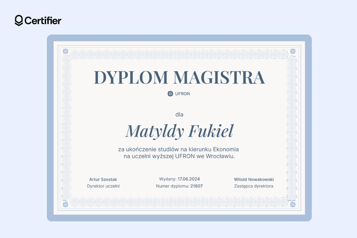 Niebieski dyplom magistra z ozdobną ramką. Niebieski dyplom magistra z ozdobną ramką.