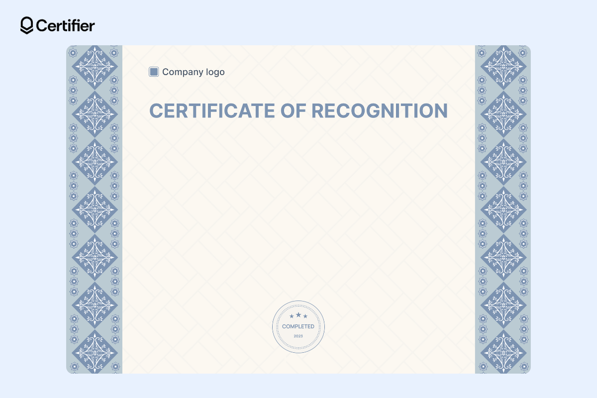 Background certificate of recognition with a light cream background and blue ribbons on the sides. Background certificate of recognition with a light cream background and blue ribbons on the sides.