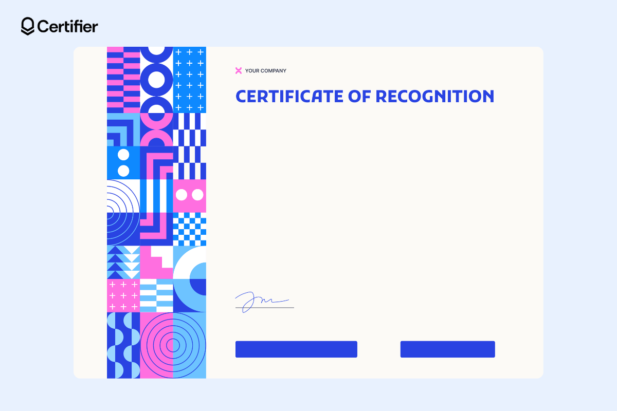 Background for certificate of recognition with blue and pink design elements on the left. Background for certificate of recognition with blue and pink design elements on the left.