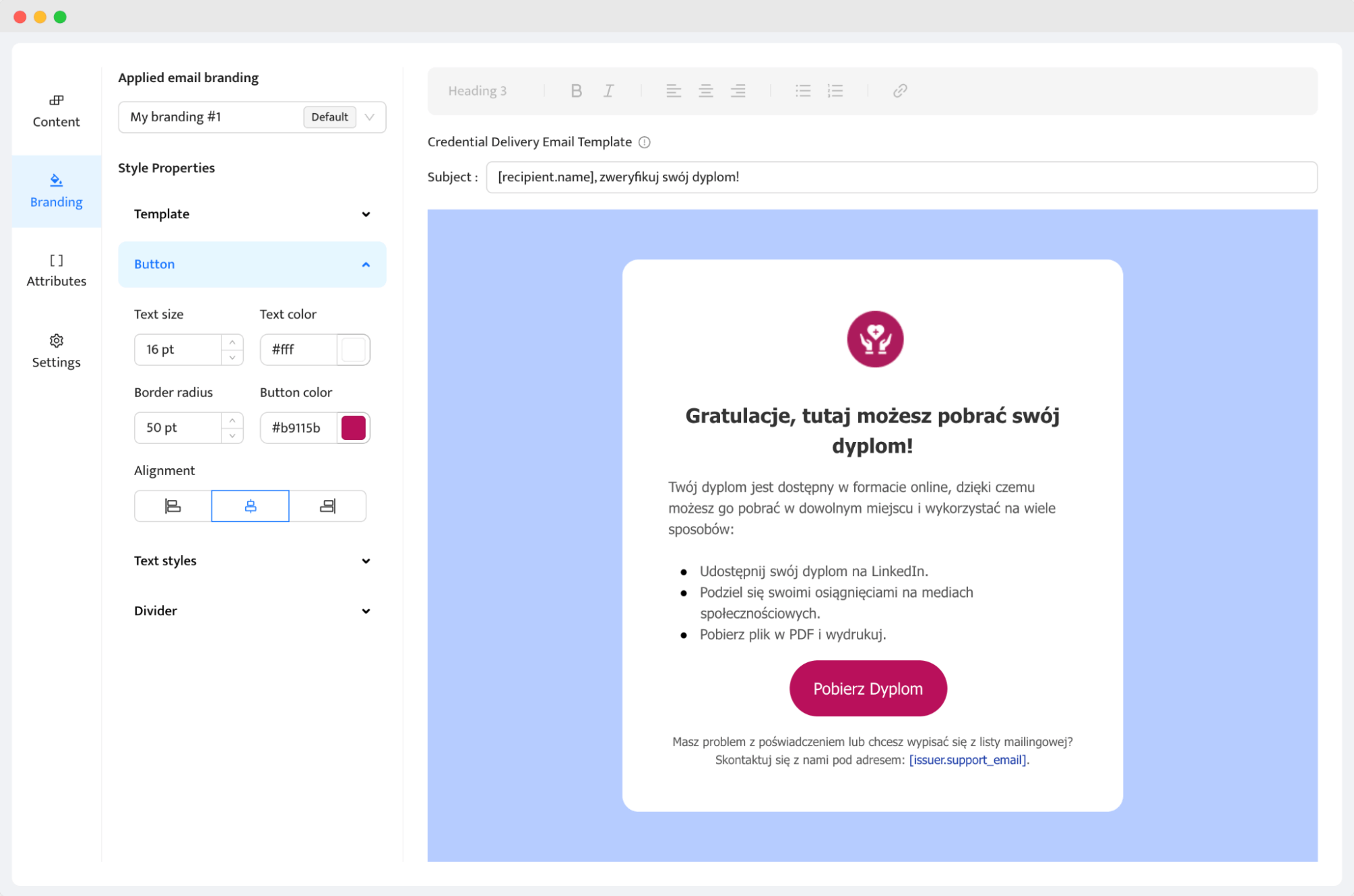 Tworzenie szablonu email do automatycznej rozsyłki maili po wygenerowaniu dyplomów. Tworzenie szablonu email do automatycznej rozsyłki maili po wygenerowaniu dyplomów.